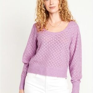 Old Navy Pointelle Sweater Wool Sz L Pastel Puff Sleeves Scoop Neck Cottagecore